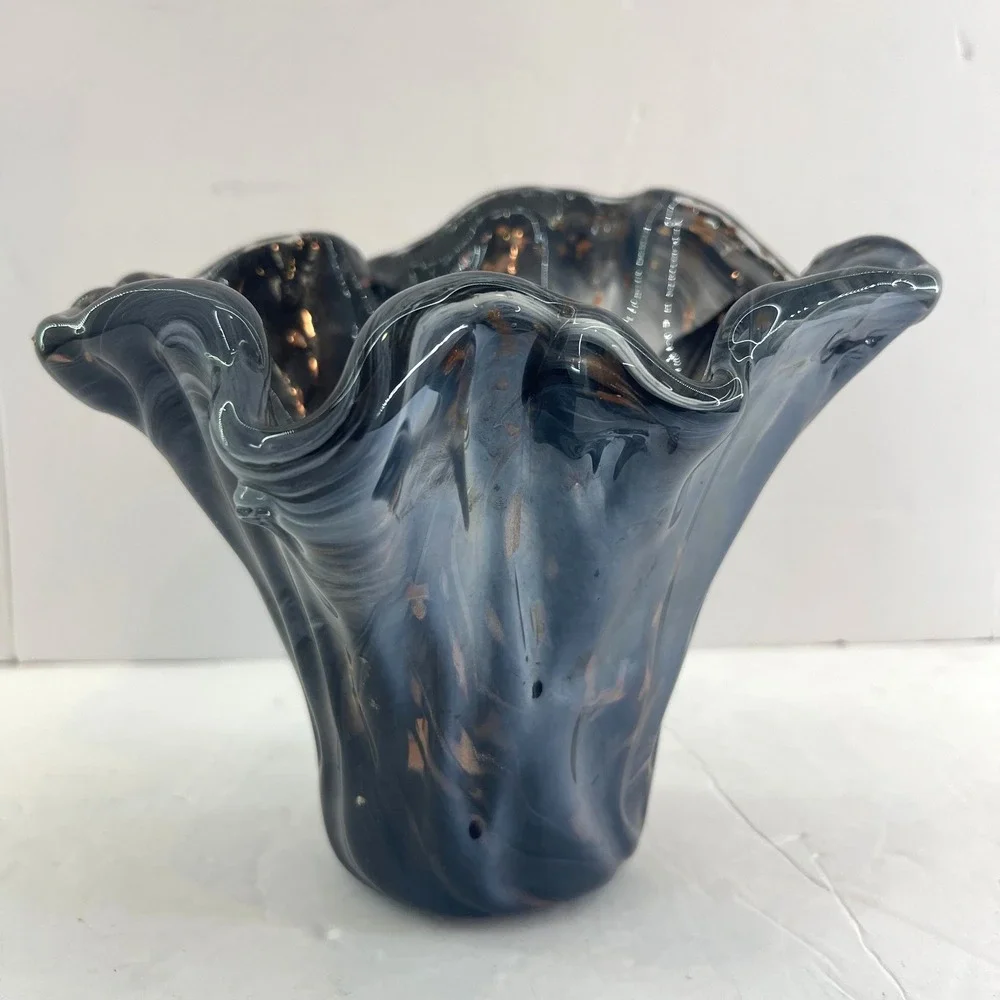 Vintage‎ Murano Style Handkerchief Art Glass Vase Blue Gray Copper Fleck Ruffle